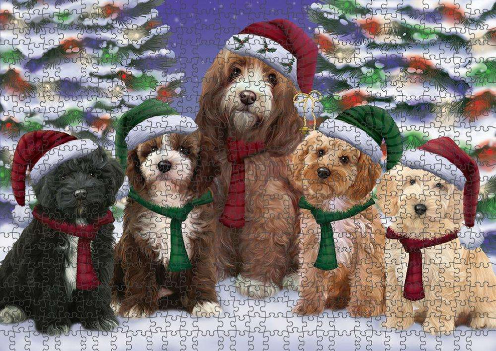 Cockapoos Dog Christmas Family Portrait in Holiday Scenic Background Puzzle with Photo Tin PUZL62061