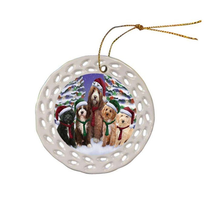 Cockapoos Dog Christmas Family Portrait in Holiday Scenic Background  Ceramic Doily Ornament DPOR52710
