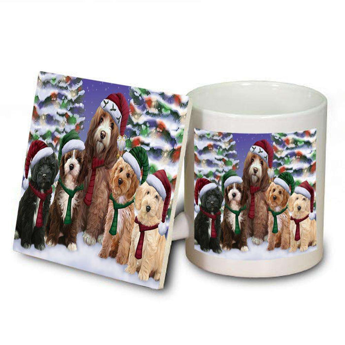Cockapoos Dog Christmas Family Portrait in Holiday Scenic Background  Mug and Coaster Set MUC52702