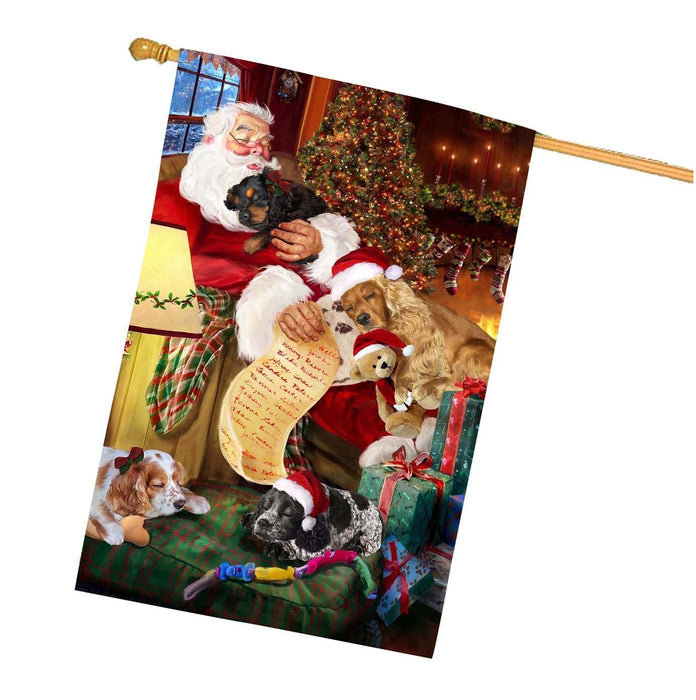 Cocker Spaniel Dog and Puppies Sleeping with Santa House Flag