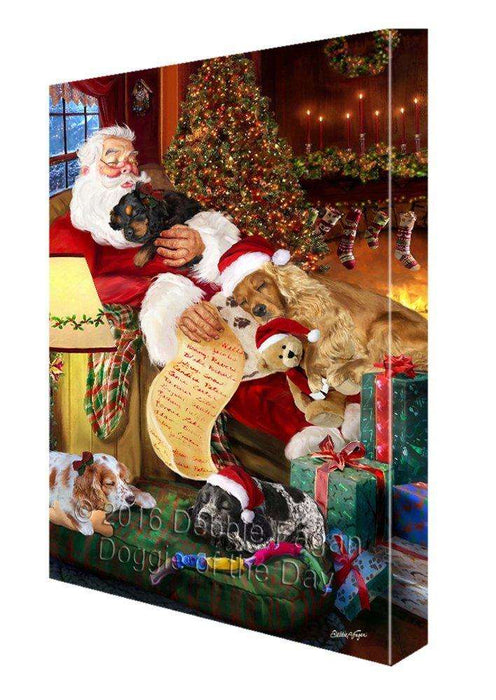 Cocker Spaniel Dog and Puppies Sleeping with Santa Painting Printed on Canvas Wall Art Signed