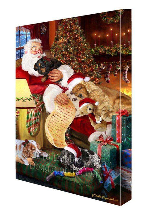 Cocker Spaniel Dog and Puppies Sleeping with Santa Painting Printed on Canvas Wall Art