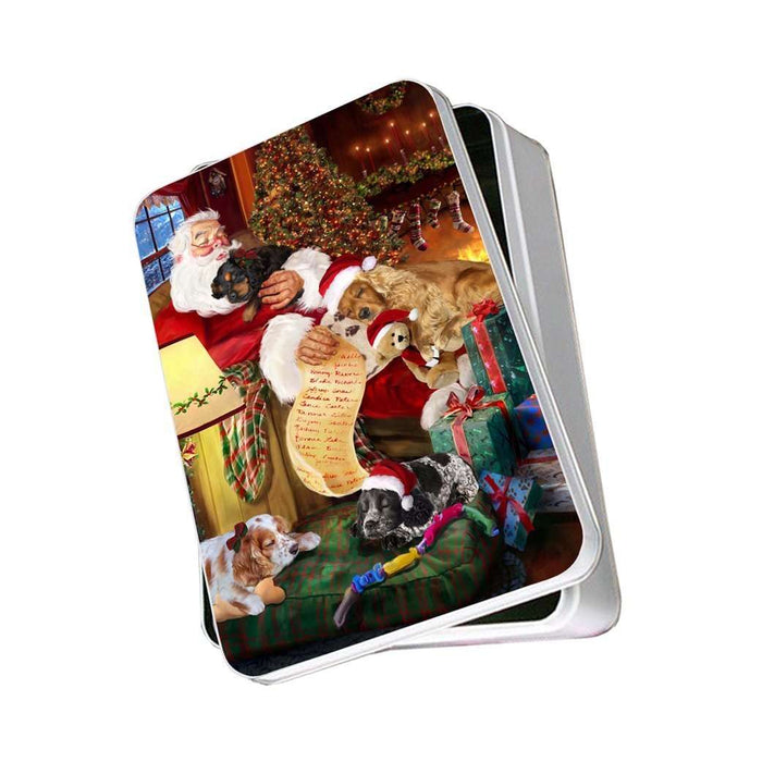 Cocker Spaniel Dog and Puppies Sleeping with Santa Photo Storage Tin