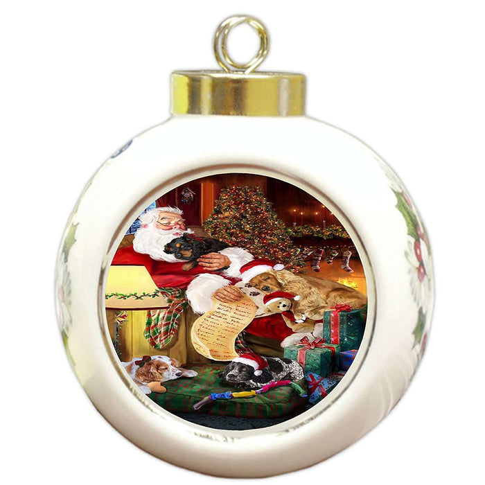 Cocker Spaniel Dog and Puppies Sleeping with Santa Round Ball Christmas Ornament