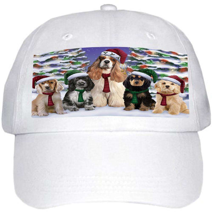 Cocker Spaniels Dog Christmas Family Portrait in Holiday Scenic Background Ball Hat Cap HAT61866