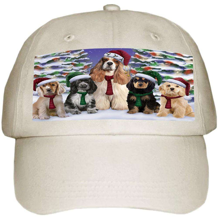 Cocker Spaniels Dog Christmas Family Portrait in Holiday Scenic Background Ball Hat Cap HAT61866