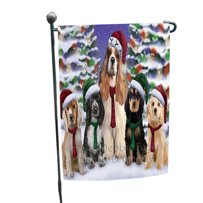 Cocker Spaniels Dog Christmas Family Portrait in Holiday Scenic Background Garden Flag GFLG52656