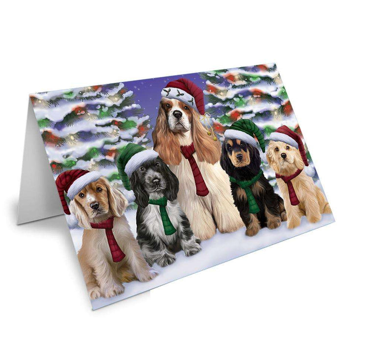 Cocker Spaniels Dog Christmas Family Portrait in Holiday Scenic Background Handmade Artwork Assorted Pets Greeting Cards and Note Cards with Envelopes for All Occasions and Holiday Seasons GCD62162