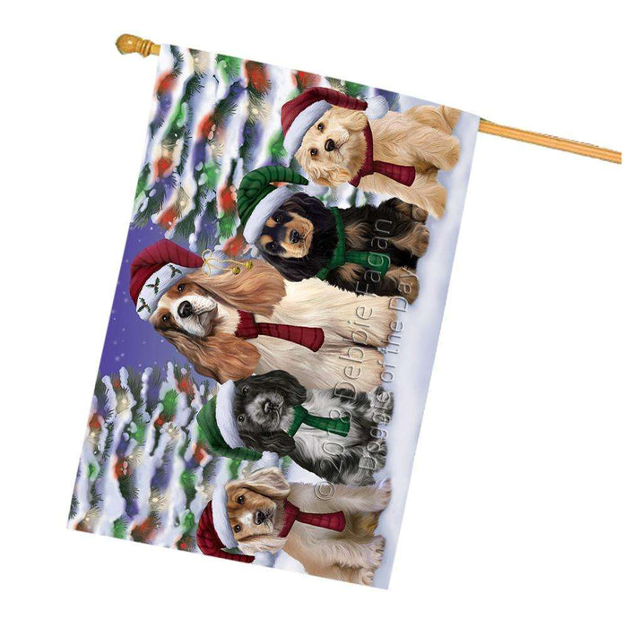 Cocker Spaniels Dog Christmas Family Portrait in Holiday Scenic Background House Flag FLG52792