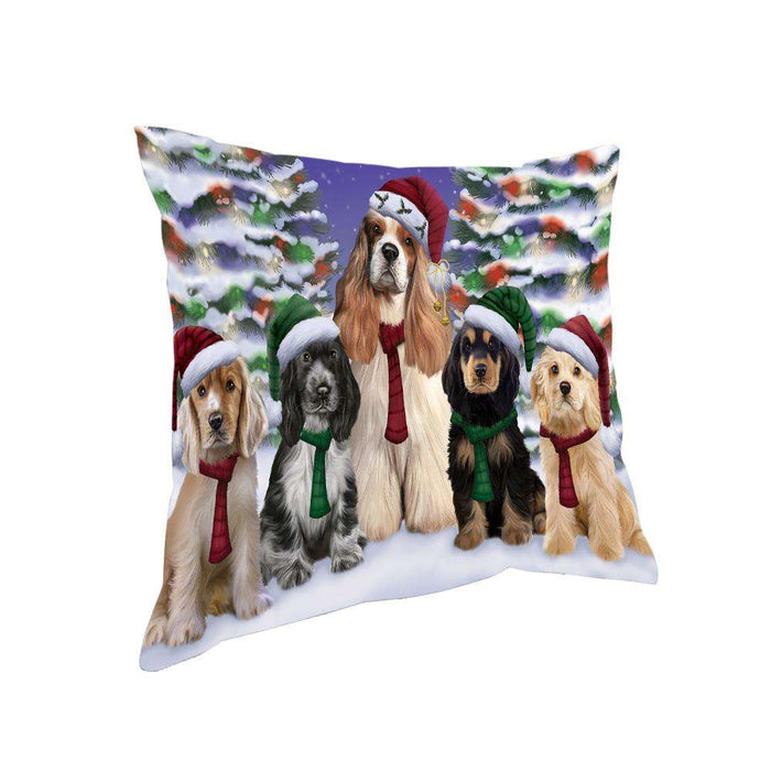 Cocker Spaniels Dog Christmas Family Portrait in Holiday Scenic Background Pillow PIL67000