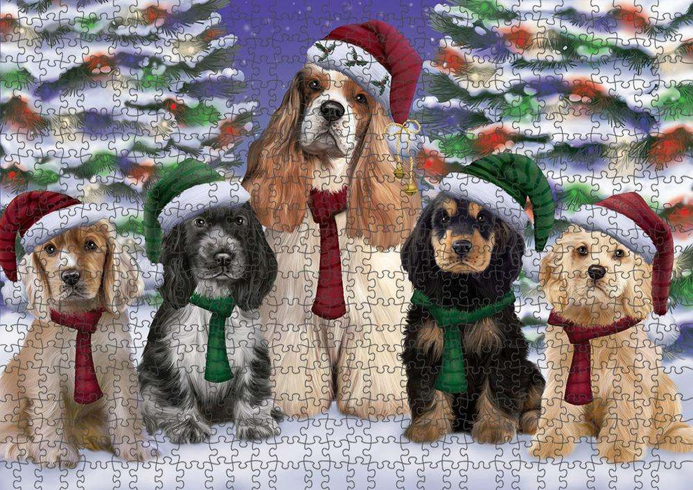 Cocker Spaniels Dog Christmas Family Portrait in Holiday Scenic Background Puzzle with Photo Tin PUZL62064