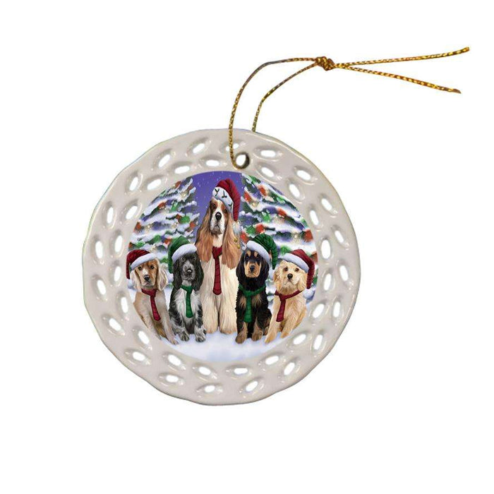 Cocker Spaniels Dog Christmas Family Portrait in Holiday Scenic Background  Ceramic Doily Ornament DPOR52711