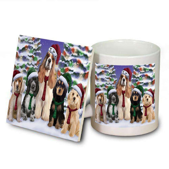 Cocker Spaniels Dog Christmas Family Portrait in Holiday Scenic Background  Mug and Coaster Set MUC52703
