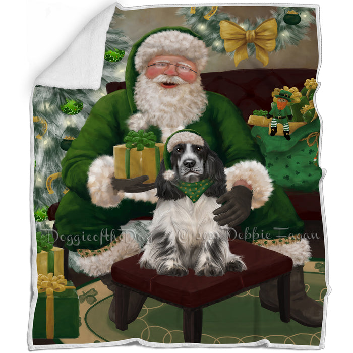 Christmas Irish Santa with Gift and Cocker Spaniel Dog Blanket BLNKT141278