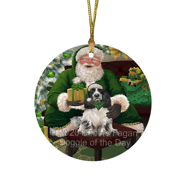 Christmas Irish Santa with Gift and Cocker Spaniel Dog Round Flat Christmas Ornament RFPOR57914