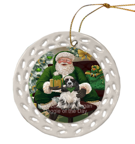 Christmas Irish Santa with Gift and Cocker Spaniel Dog Doily Ornament DPOR59476