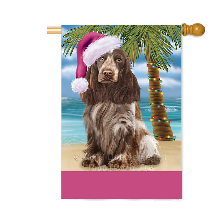 Personalized Summertime Happy Holidays Christmas Cocker Spaniel Dog on Tropical Island Beach Custom House Flag FLG-DOTD-A60514
