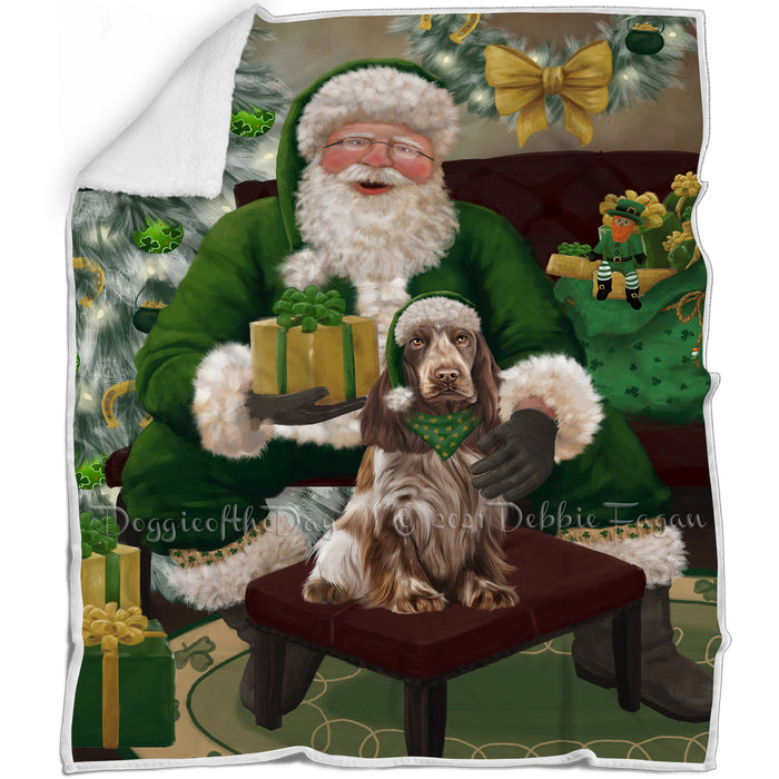 Christmas Irish Santa with Gift and Cocker Spaniel Dog Blanket BLNKT141283
