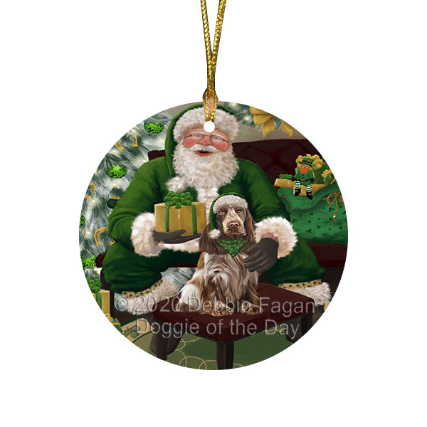 Christmas Irish Santa with Gift and Cocker Spaniel Dog Round Flat Christmas Ornament RFPOR57915