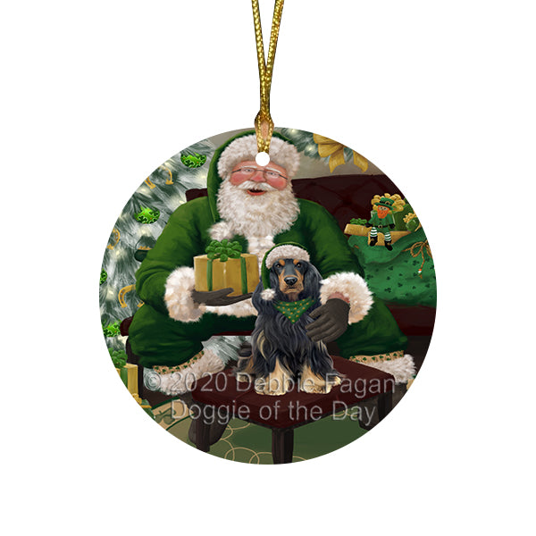 Christmas Irish Santa with Gift and Cocker Spaniel Dog Round Flat Christmas Ornament RFPOR57916