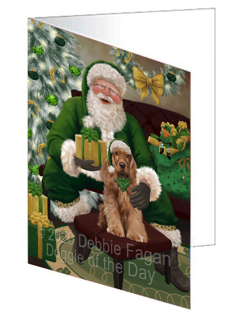 Christmas Irish Santa with Gift and Cocker Spaniel Dog Handmade Artwork Assorted Pets Greeting Cards and Note Cards with Envelopes for All Occasions and Holiday Seasons GCD75821