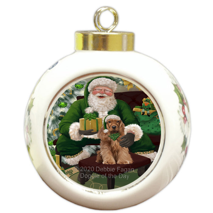 Christmas Irish Santa with Gift and Cocker Spaniel Dog Round Ball Christmas Ornament RBPOR57917
