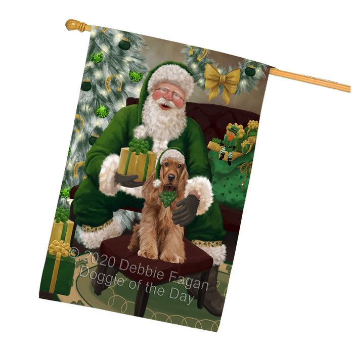 Christmas Irish Santa with Gift and Cocker Spaniel Dog House Flag FLG66689