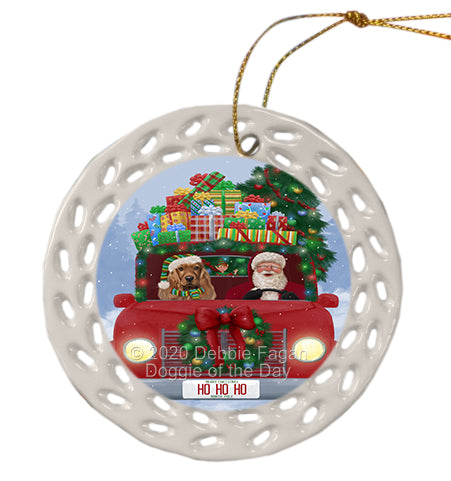 Christmas Honk Honk Red Truck with Santa and Cocker Spaniel Dog Doily Ornament DPOR59338