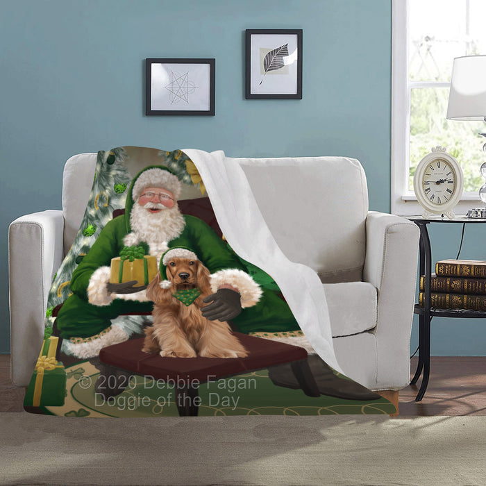 Christmas Irish Santa with Gift and Cocker Spaniel Dog Blanket BLNKT141293