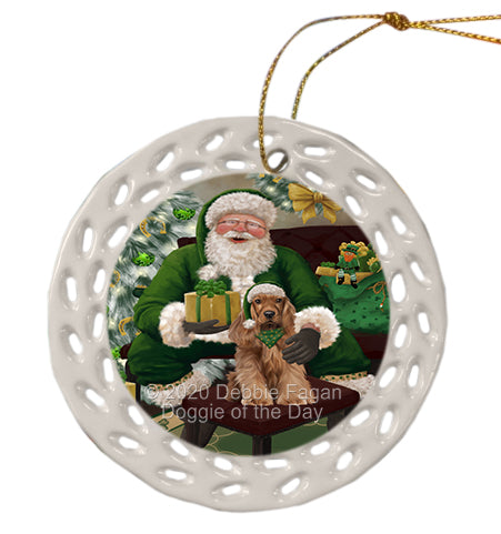 Christmas Irish Santa with Gift and Cocker Spaniel Dog Doily Ornament DPOR59479