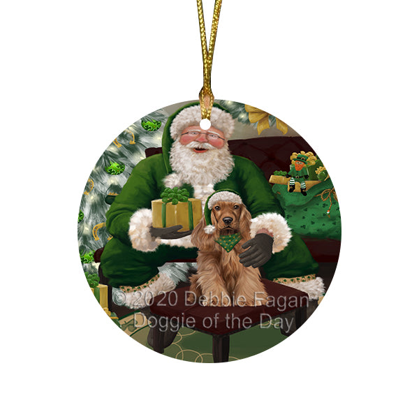 Christmas Irish Santa with Gift and Cocker Spaniel Dog Round Flat Christmas Ornament RFPOR57917