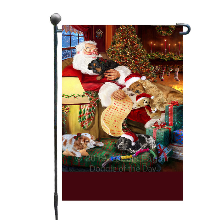 Personalized Cocker Spaniel Dogs and Puppies Sleeping with Santa Custom Garden Flags GFLG-DOTD-A62622