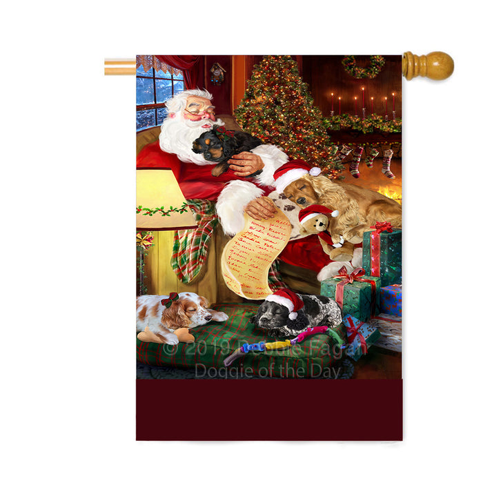 Personalized Cocker Spaniel Dogs and Puppies Sleeping with Santa Custom House Flag FLG-DOTD-A62678