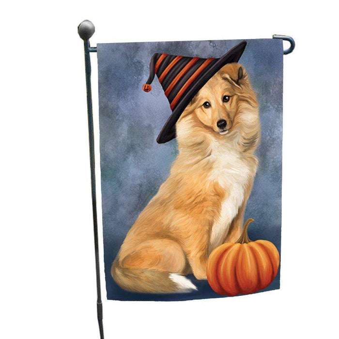 Collie Dog Wearing Witch Hat with Pumpkin Garden Flag