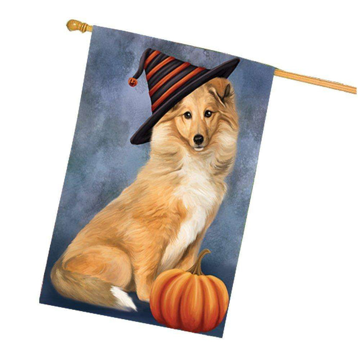 Collie Dog Wearing Witch Hat with Pumpkin House Flag