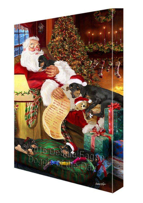 Coonhound Dog and Puppies Sleeping with Santa Painting Printed on Canvas Wall Art Signed