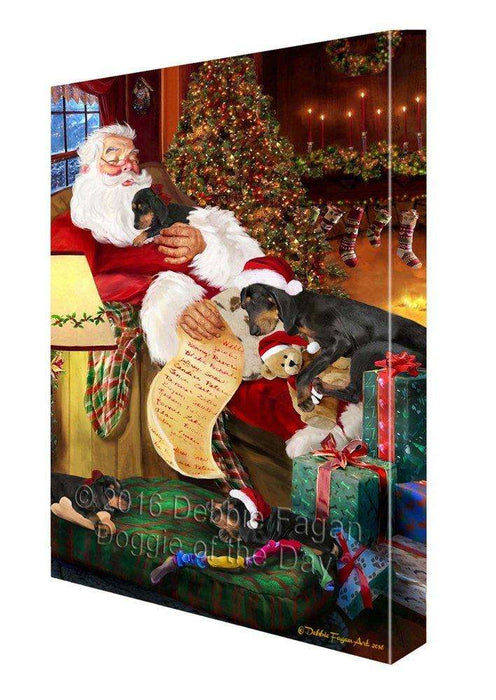 Coonhound Dog and Puppies Sleeping with Santa Painting Printed on Canvas Wall Art