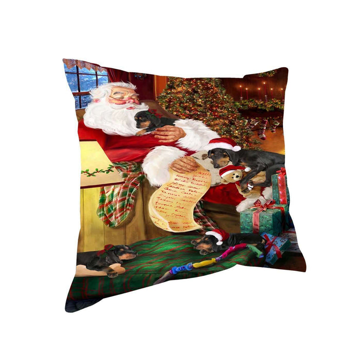 Coonhound Dog and Puppies Sleeping with Santa Throw Pillow