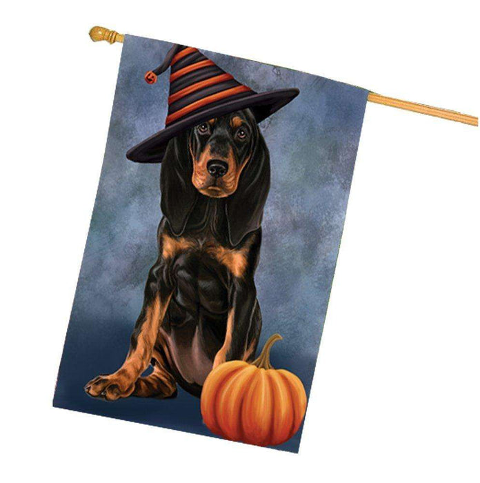 Coonhound Dog Wearing Witch Hat with Pumpkin House Flag