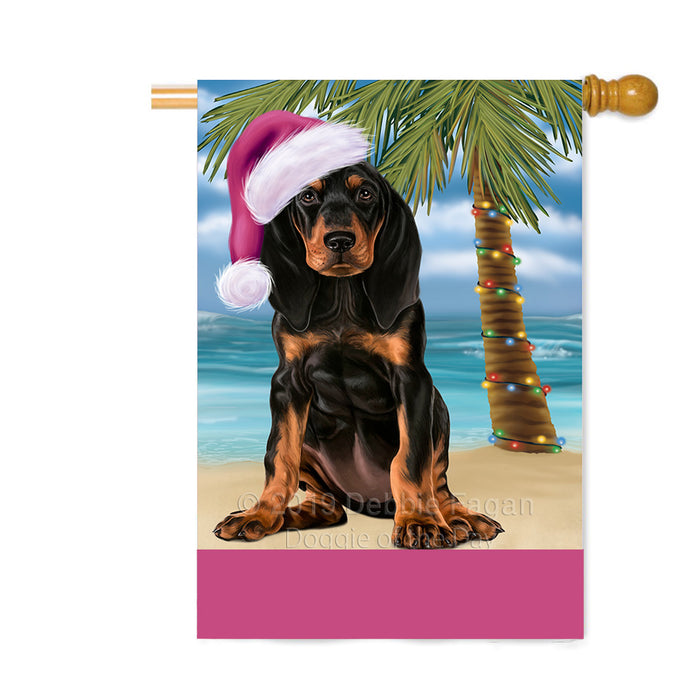 Personalized Summertime Happy Holidays Christmas Coonhound Dog on Tropical Island Beach Custom House Flag FLG-DOTD-A60517