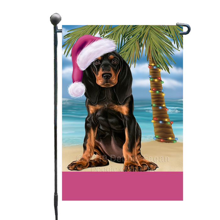 Personalized Summertime Happy Holidays Christmas Coonhound Dog on Tropical Island Beach  Custom Garden Flags GFLG-DOTD-A60461