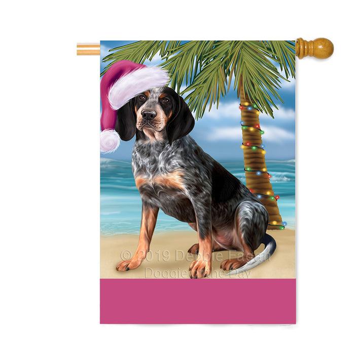 Personalized Summertime Happy Holidays Christmas Coonhound Bluetick Dog on Tropical Island Beach Custom House Flag FLG-DOTD-A60518