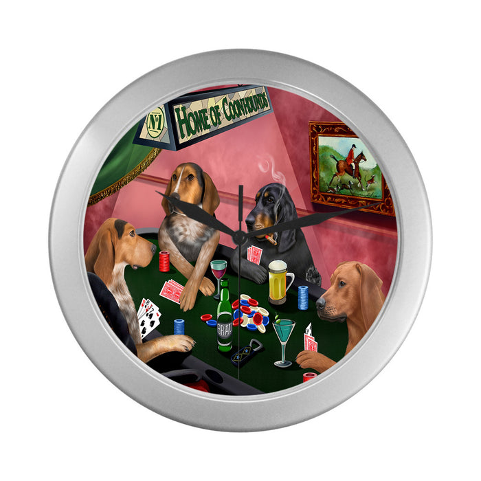 Home of Coonhound Dogs Playing Poker Silver Wall Clocks