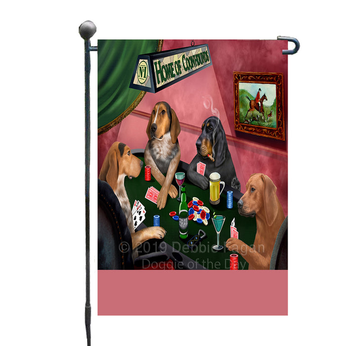 Personalized Home of Coonhound Dogs Four Dogs Playing Poker Custom Garden Flags GFLG-DOTD-A60261