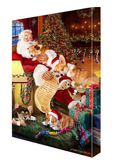 Corgi Dog and Puppies Sleeping with Santa Painting Printed on Canvas Wall Art