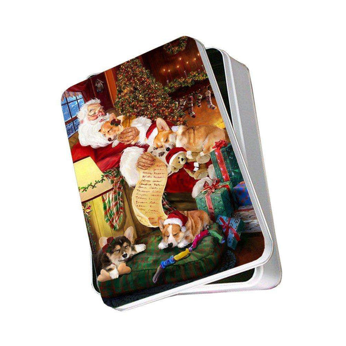 Corgi Dog with Puppies Sleeping with Santa Photo Tin