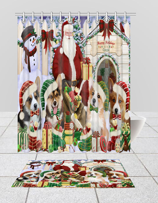 Happy Holidays Christmas Corgi Dogs House Gathering Bath Mat and Shower Curtain Combo