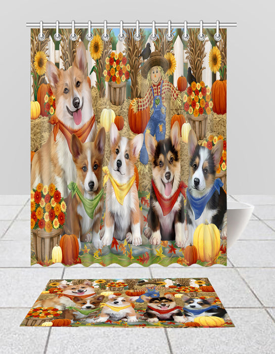 Fall Festive Harvest Time Gathering Corgi Dogs Bath Mat and Shower Curtain Combo