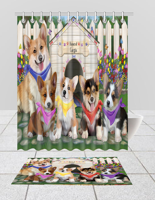 Spring Dog House Corgi Dogs Bath Mat and Shower Curtain Combo