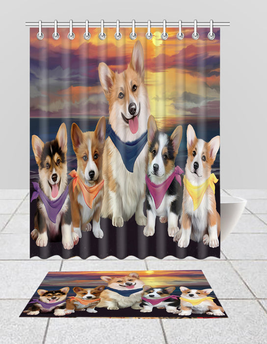 Family Sunset Portrait Corgi Dogs Bath Mat and Shower Curtain Combo